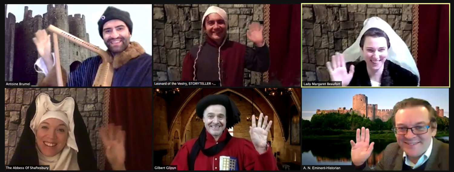 The 6 Winter at the Castle actors smile and wave from their Zoom boxes
